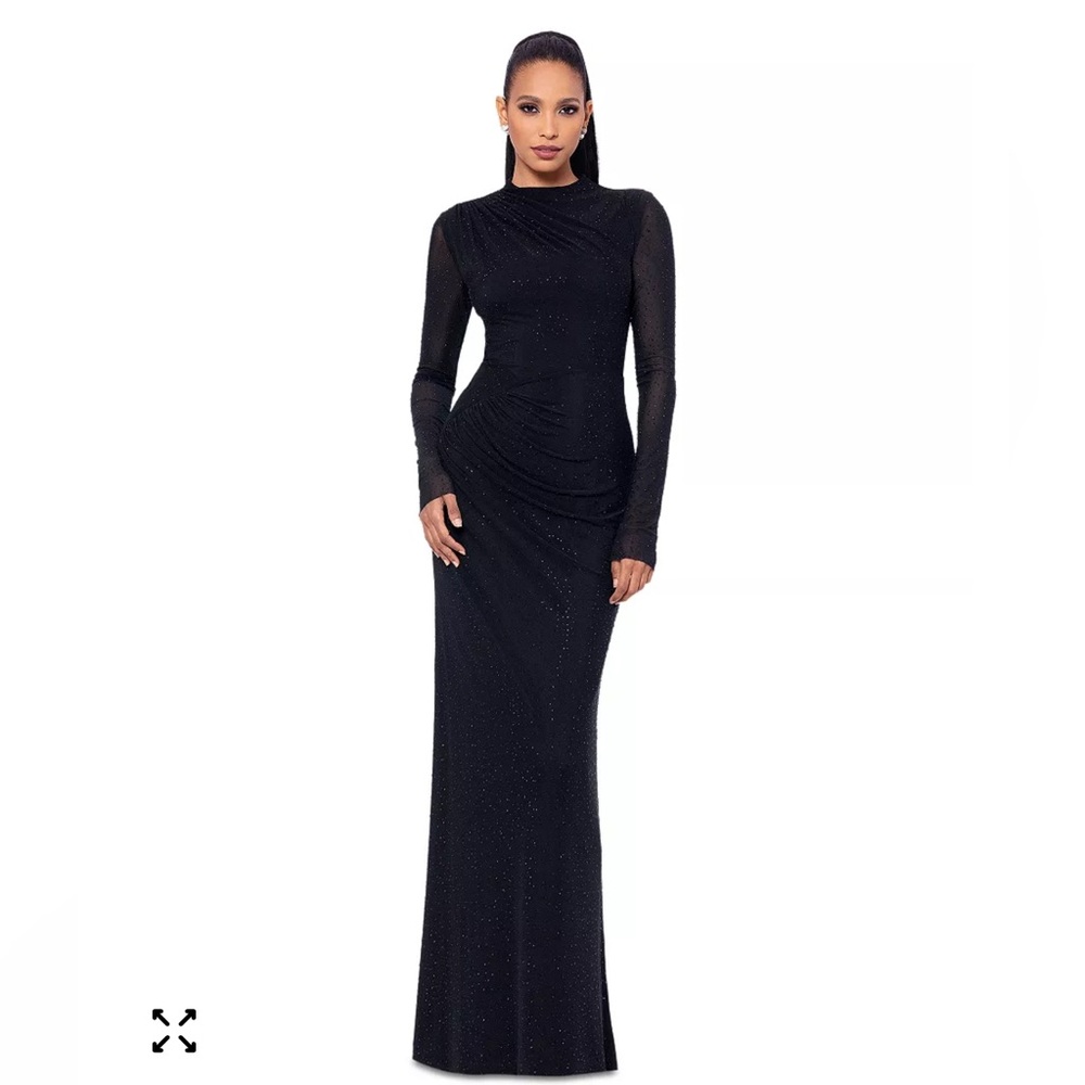 Adam Black Long Sleeve Sparkle Evening Dress